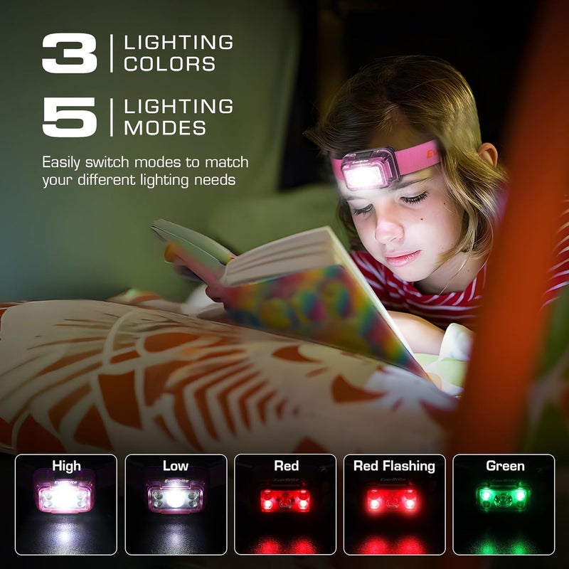 EverBrite Rechargeable Headlamp, 2 Pack Kids Headlamp with White/Red/Green Light and Memory Function, Head Lamp for Adult and Kid with 5 Modes, 120° Adjustable LED Headlamp for Camping, Running-Pink - Image 2